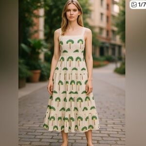 NWT Calypso St. Barth
Palm Tree Print Crochet
Lace Tiered Maxi Dress